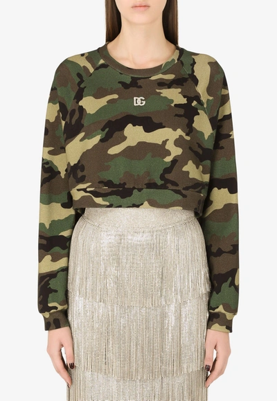 Shop Dolce & Gabbana Camouflage Print Cropped Sweatshirt In Green