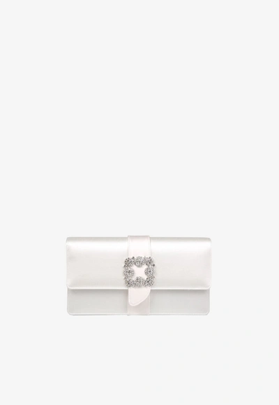 Shop Manolo Blahnik Capri Satin Clutch With Clc Crystal Buckle In Cream