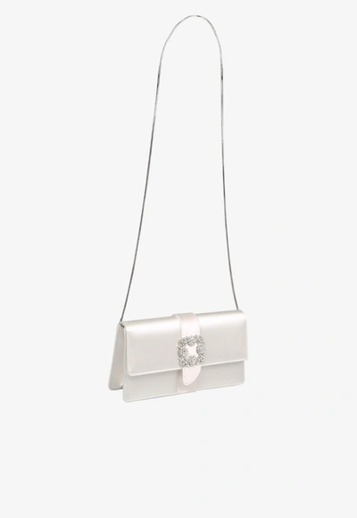 Shop Manolo Blahnik Capri Satin Clutch With Clc Crystal Buckle In Cream