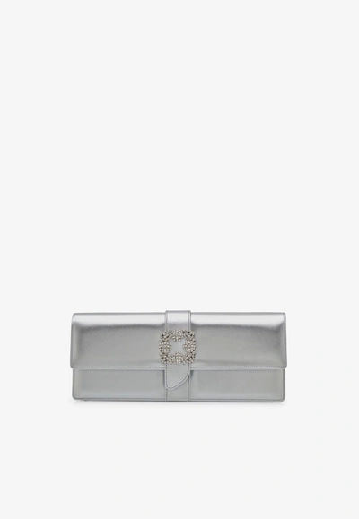 Shop Manolo Blahnik Caprilong Crystal Buckle Clutch In Nappa Leather In Silver