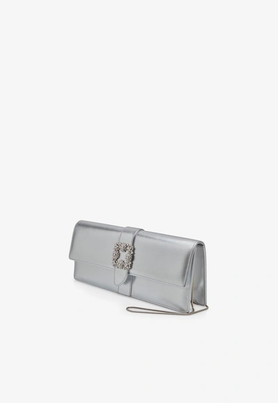 Shop Manolo Blahnik Caprilong Crystal Buckle Clutch In Nappa Leather In Silver