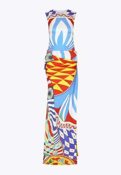 Shop Dolce & Gabbana Caretto Print Maxi Dress With Slit In Multicolor