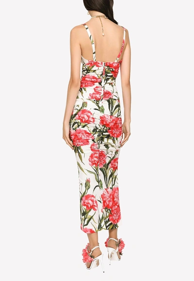 Dolce & Gabbana Carnation Print Charmeuse Midi Dress In Multicolor