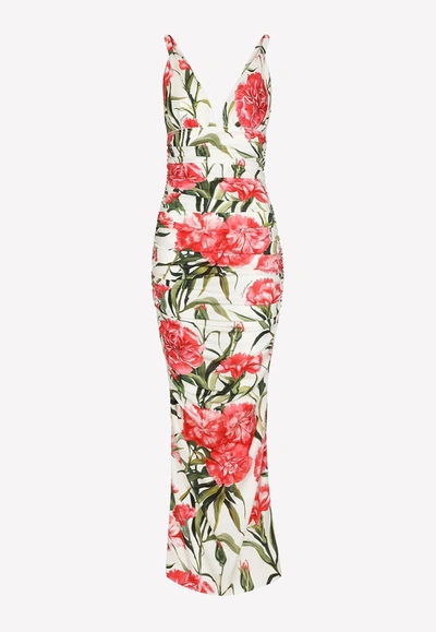 Dolce & Gabbana Carnation Print Charmeuse Midi Dress In Multicolor