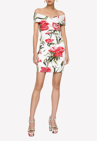Shop Dolce & Gabbana Carnation Print Draped Mini Dress In Multicolor