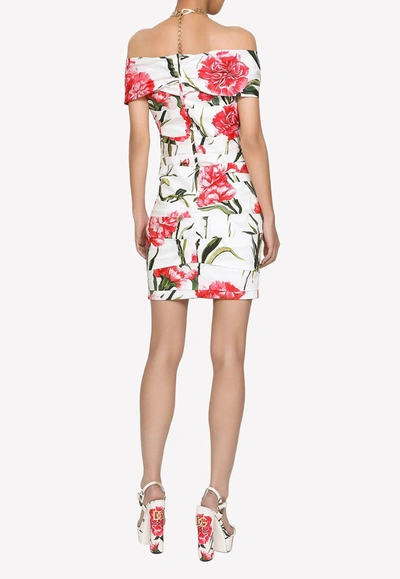 Dolce & Gabbana Carnation Print Draped Mini Dress In Multicolor