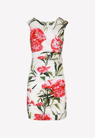 Dolce & Gabbana Carnation Print Draped Mini Dress In Multicolor