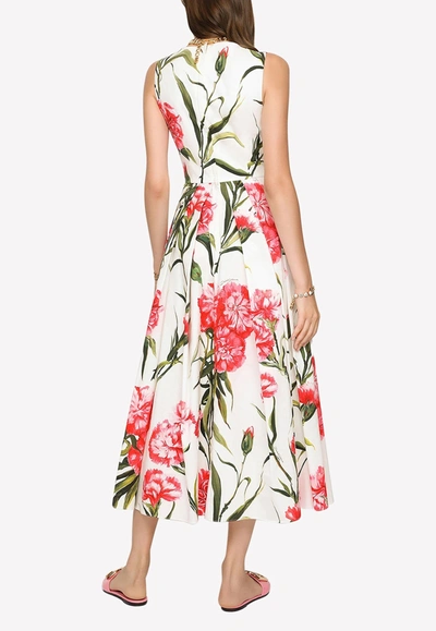 Dolce & Gabbana Carnation Print Sleeveless Cotton Fit & Flare Dress In Multicolor