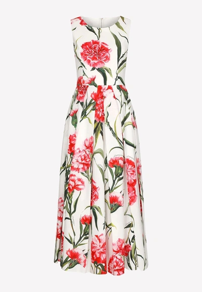 Dolce & Gabbana Carnation Print Sleeveless Cotton Fit & Flare Dress In Multicolor