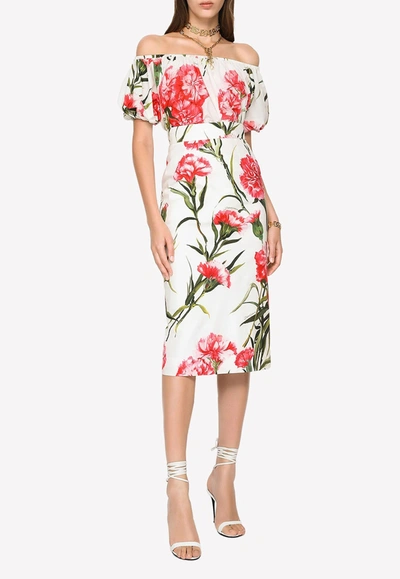 Dolce & Gabbana Carnation-print Off-shoulder Blouse In Multicolor
