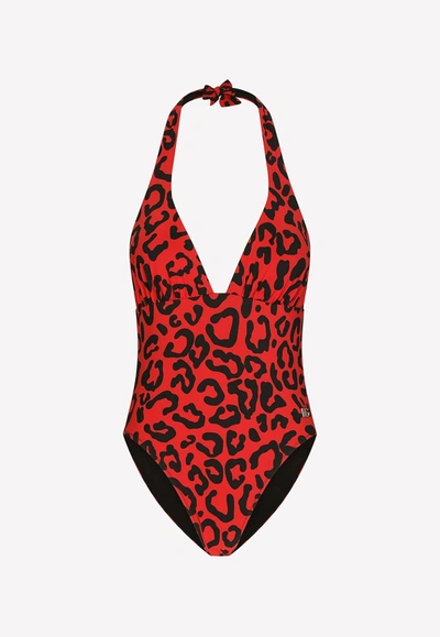 Shop Dolce & Gabbana Carnation-print One-piece Swimsuit In Red