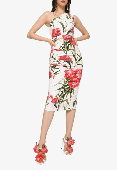 Shop Dolce & Gabbana Carnation-print One-shoulder Midi Dress In Multicolor