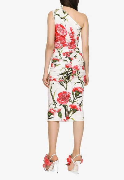 Shop Dolce & Gabbana Carnation-print One-shoulder Midi Dress In Multicolor