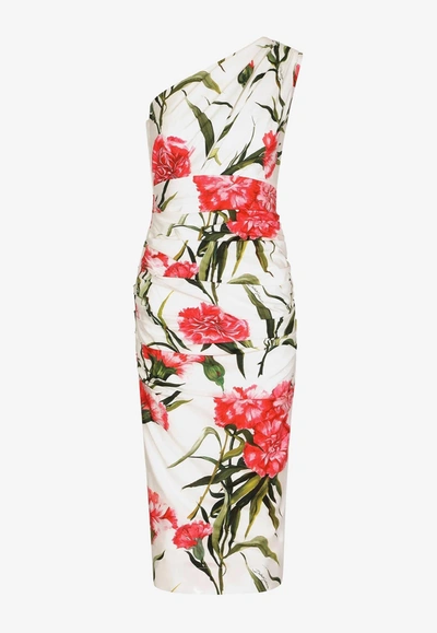 Shop Dolce & Gabbana Carnation-print One-shoulder Midi Dress In Multicolor