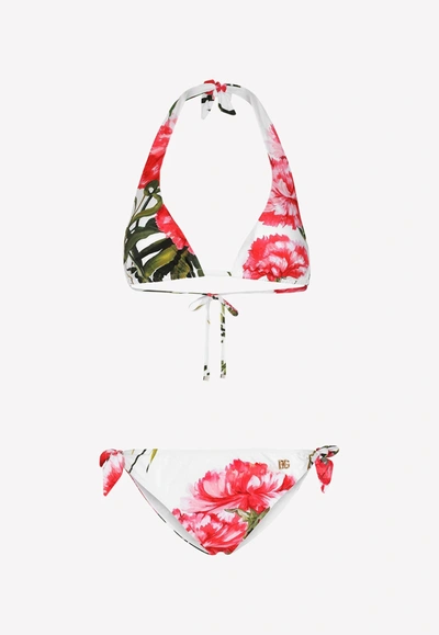 Shop Dolce & Gabbana Carnation-print Padded Triangle Bikini In Multicolor