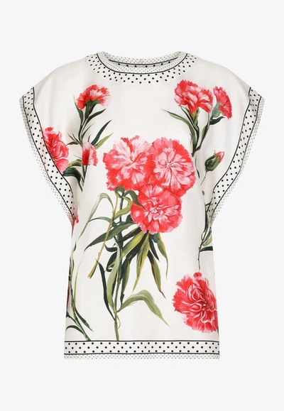 Dolce & Gabbana Floral-print Bordered Silk Top In Multicolor