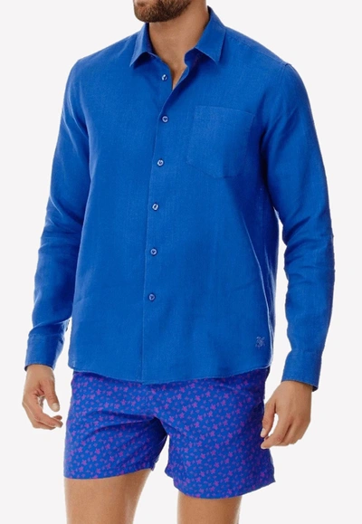 Vilebrequin Linen Solid Classic Fit Shirt In Blue
