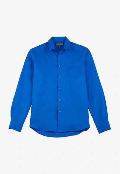 Shop Vilebrequin Caroubis Long-sleeved Linen Shirt In Blue