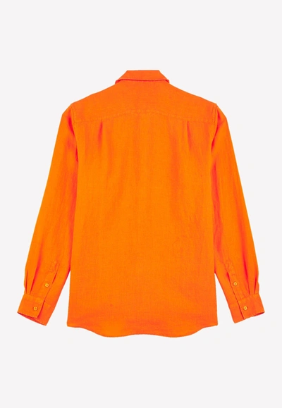 Shop Vilebrequin Caroubis Long-sleeved Linen Shirt In Orange