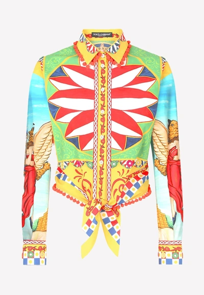 Dolce & Gabbana Carretto Print Cotton Cropped Shirt In Multicolor