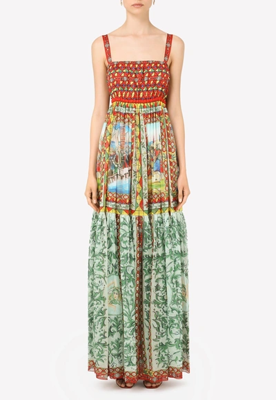 Shop Dolce & Gabbana Carretto Print Long Chiffon Dress In Multicolor