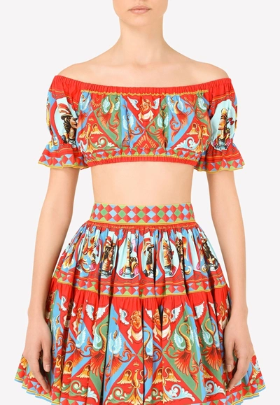 Shop Dolce & Gabbana Carretto Print Off-shoulder Cotton Crop Top In Multicolor