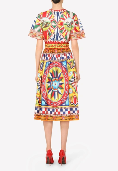 Shop Dolce & Gabbana Carretto Print Ruffled Sleeve Silk Dress In Multicolor