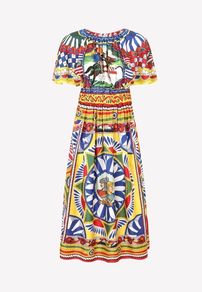 Shop Dolce & Gabbana Carretto Print Ruffled Sleeve Silk Dress In Multicolor
