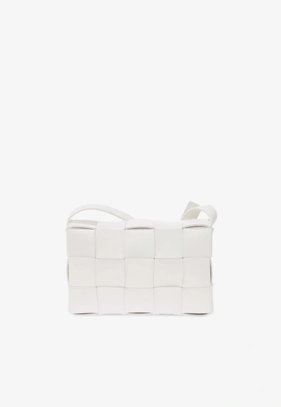 Shop Bottega Veneta Cassette Shoulder Bag In Intreccio Leather In White