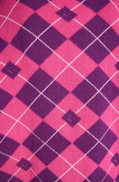 Shop Acne Studios Kwanny Face Logo Argyle Jacquard Lambswool Blend V-neck Cardigan In Bright Pink/ Mid Purple