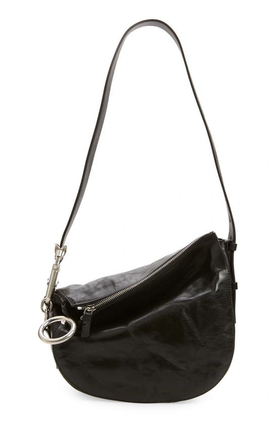 Shop Burberry Small Knight Asymmetric Crinkle Leather Shoulder Bag In Black