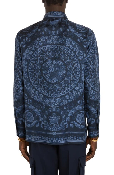 Shop Versace Barocco Print Silk Button-up Shirt In Navy Blue