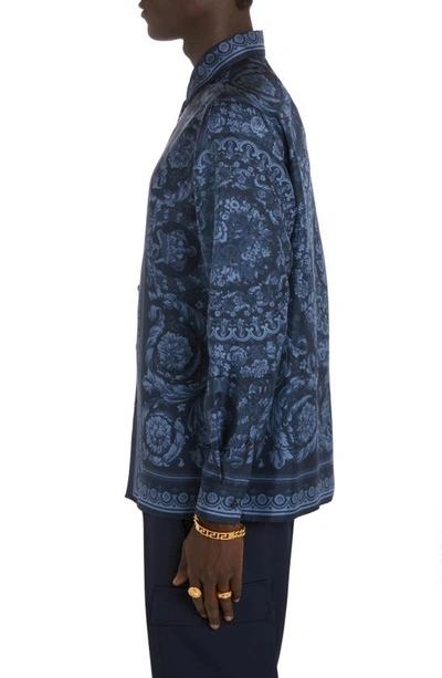 Versace All-over Barroco Print Silk Shirt In Navy Blue