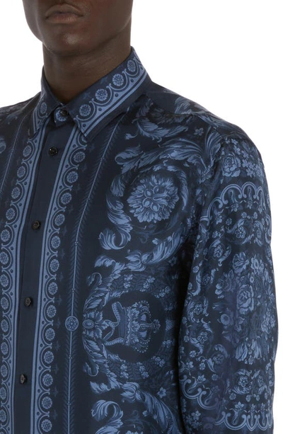 Shop Versace Barocco Print Silk Button-up Shirt In Navy Blue