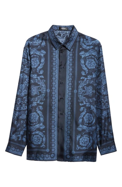 Shop Versace Barocco Print Silk Button-up Shirt In Navy Blue