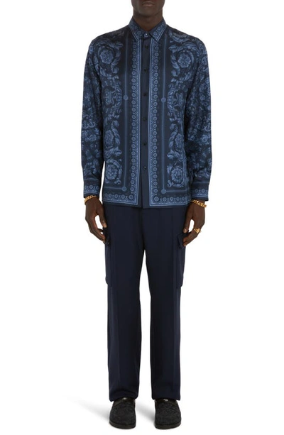 Shop Versace Barocco Print Silk Button-up Shirt In Navy Blue