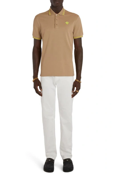 Shop Versace Tipped Embroidered Medusa Cotton Piqué Polo In Sand