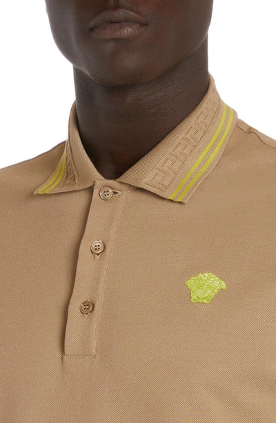 Shop Versace Tipped Embroidered Medusa Cotton Piqué Polo In Sand