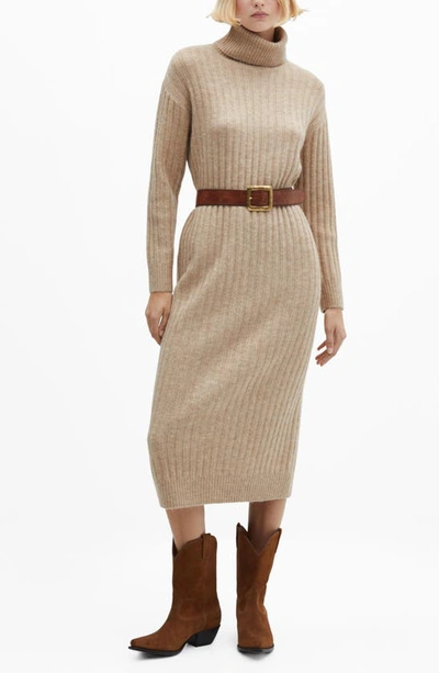 Shop Mango Turtleneck Long Sleeve Rib Midi Sweater Dress In Light/ Pastel Grey