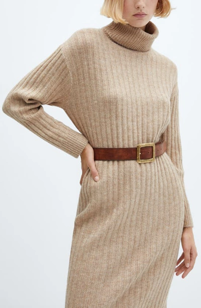 Shop Mango Turtleneck Long Sleeve Rib Midi Sweater Dress In Light/ Pastel Grey