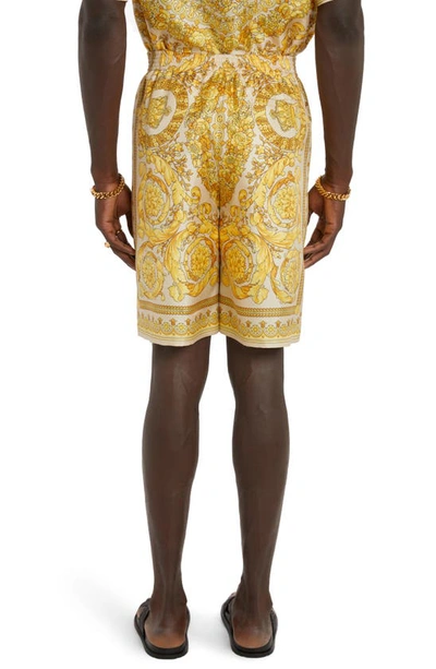 Shop Versace Barocco Print Silk Shorts In Champagne