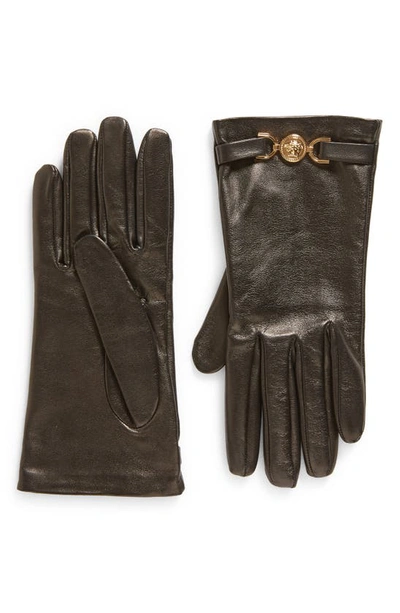 Shop Versace La Medusa Silk Lined Leather Gloves In Black/ Gold