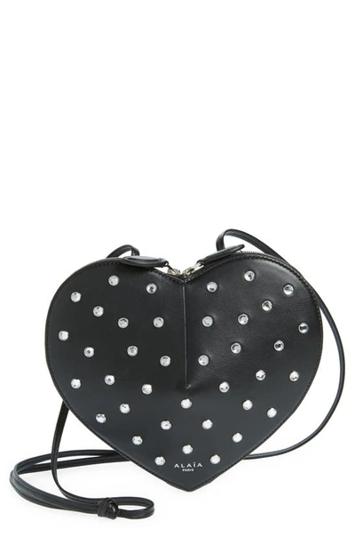 Shop Alaïa Le Coeur Crystal Embellished Lambskin Leather Crossbody Bag In Noir