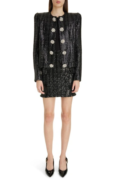 Shop Balmain Sequin Tweed Miniskirt In 0pa Black