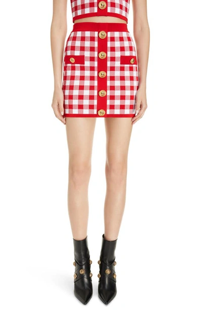 Shop Balmain Gingham Button Front Knit Miniskirt In Mef Red/ White