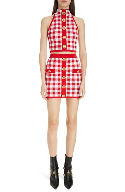 Shop Balmain Gingham Button Front Knit Miniskirt In Mef Red/ White