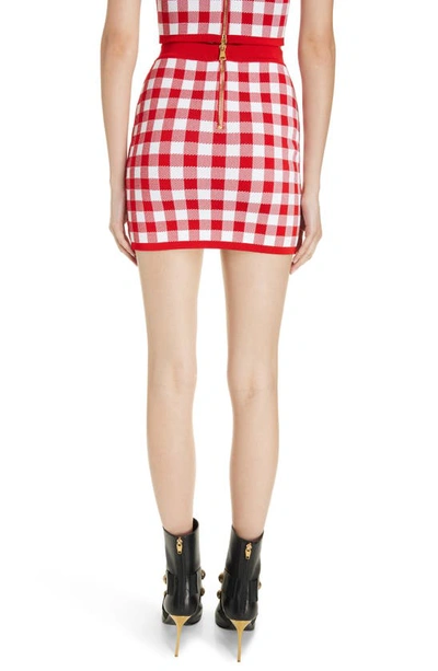 Shop Balmain Gingham Button Front Knit Miniskirt In Mef Red/ White