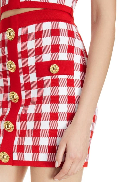 Shop Balmain Gingham Button Front Knit Miniskirt In Mef Red/ White