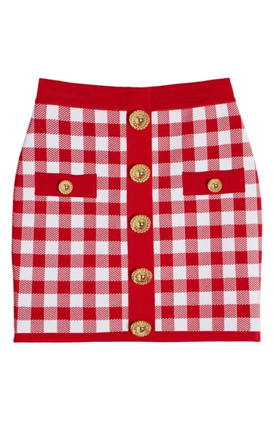 Shop Balmain Gingham Button Front Knit Miniskirt In Mef Red/ White