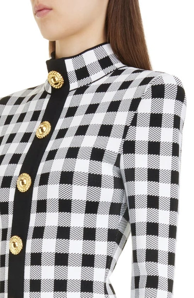 Shop Balmain Gingham Button Front Long Sleeve Knit Minidress In Eab Black/ White
